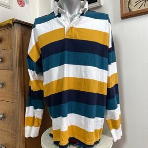 Vintage Rugby Style Shirt, 1990s Mustard & Teal Stripe Long Sleeve XL Oversized